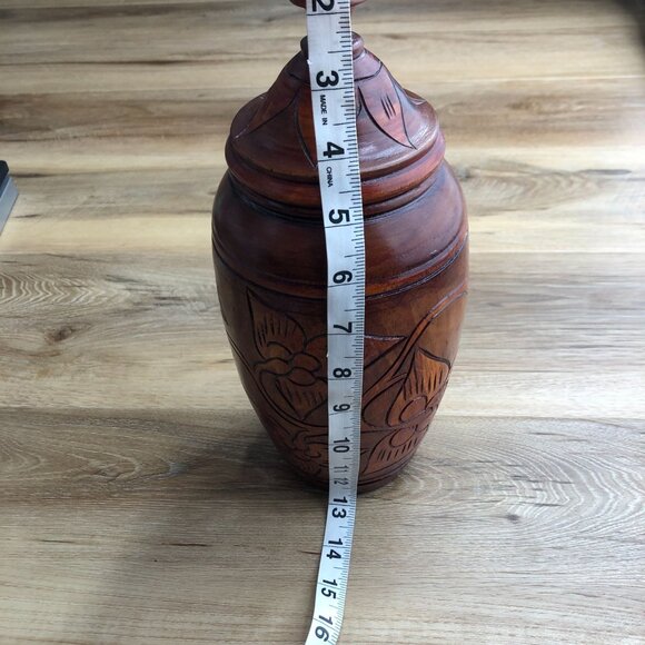 Vintage Hand Carved Wooden Vase With Lid Urn Floral Pedestal Jar 13in - Picture 8 of 9